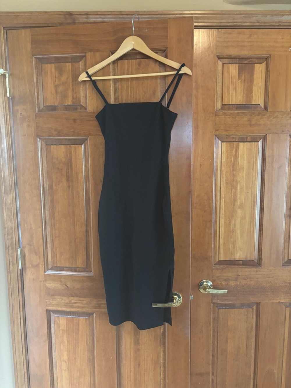 Lulu's Sleek Black Square-Neck Midi Dress with Double Spaghetti Straps